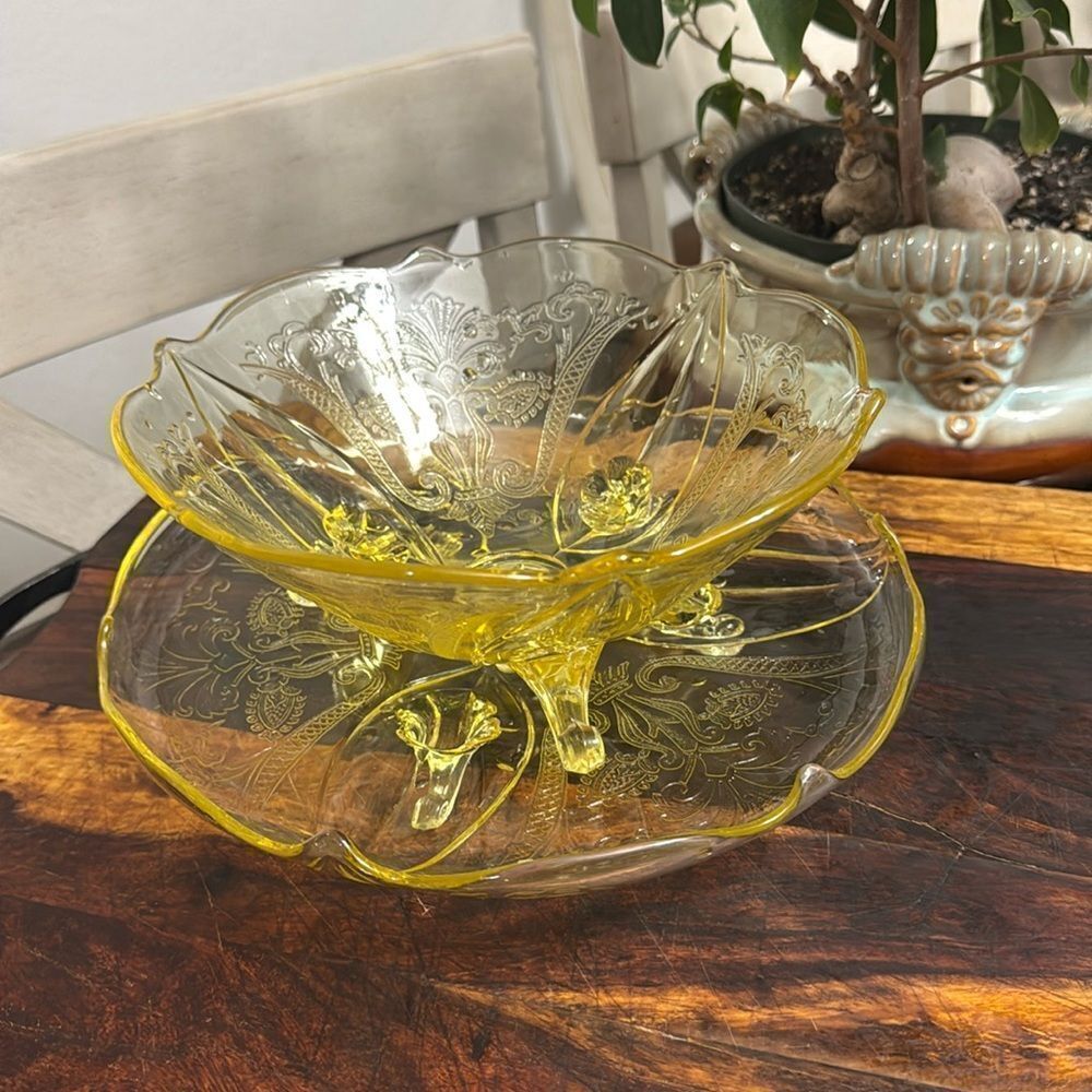 Vintage Yellow Glass Vase and Plate